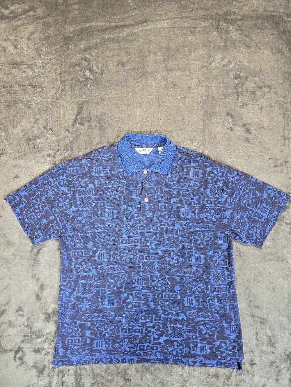 Vintage Orvis Hawaiian Floral Abstract Polo Shirt Size Large Blue